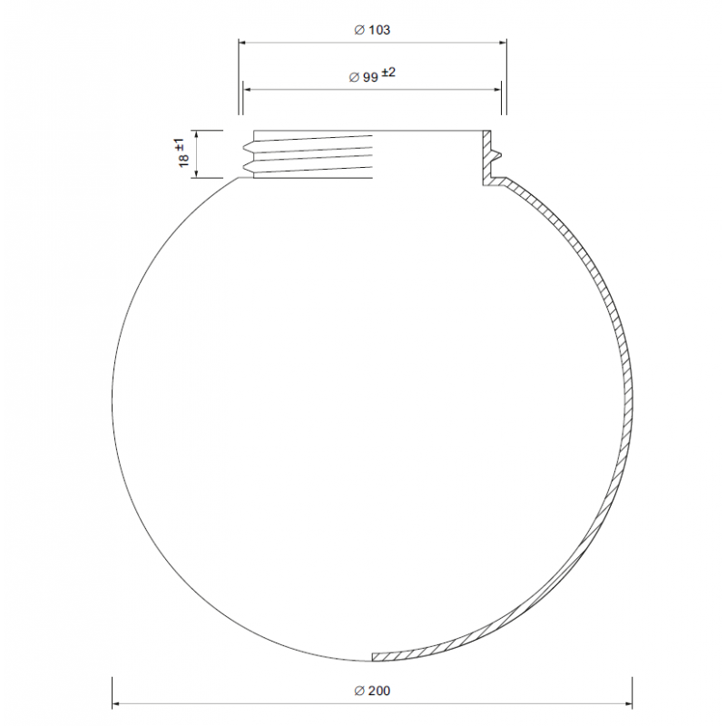 Náhradné tienidlo guľa so závitom priemer 20cm, montážny otvor: 9,9cm číra