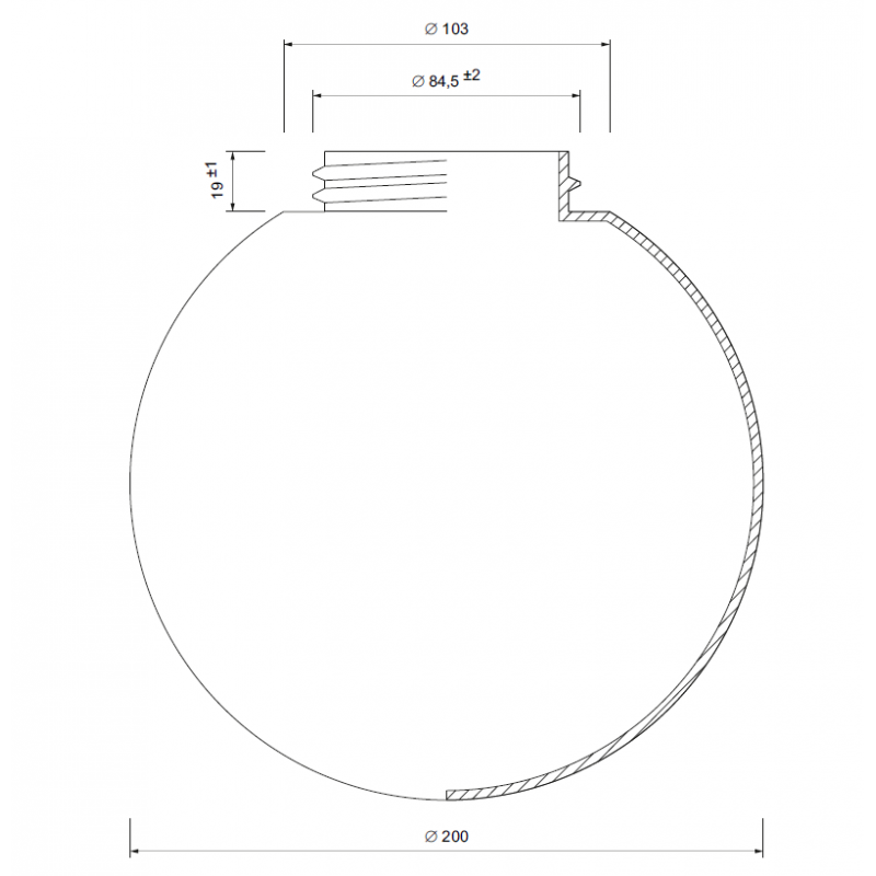 Náhradné tienidlo guľa so závitom priemer 20cm, montážny otvor: 8,45cm lesklá béžová
