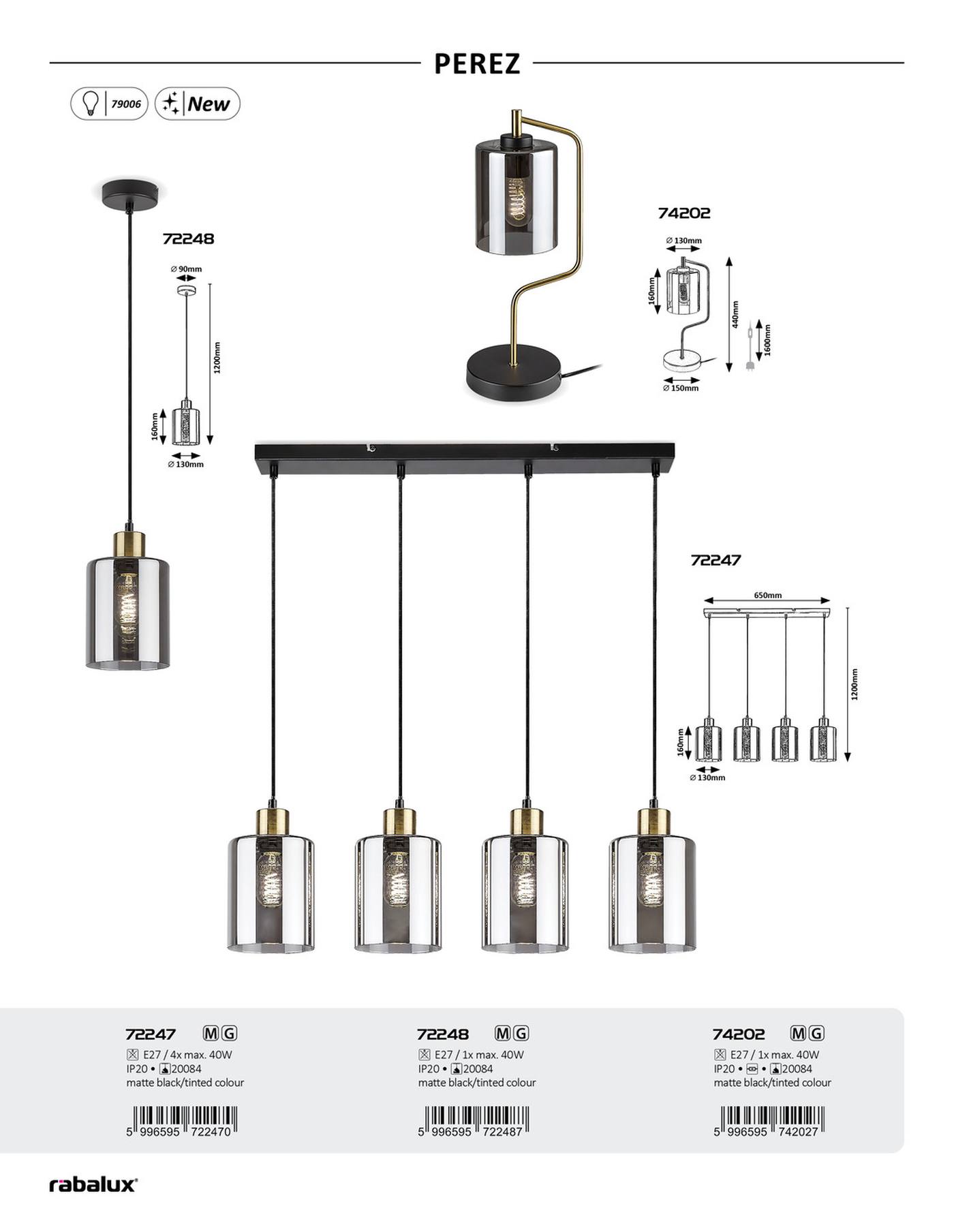 PEREZ stolná lampa čierna/dymové sklo 1xE27/40W