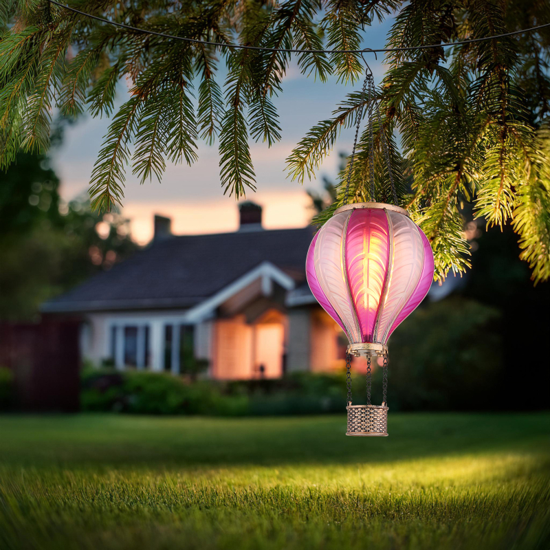 Solárne svietidlo teplovzdušný balón ružový na zavesenie s efektom ohňa 20xLED/3V/1600K IP44