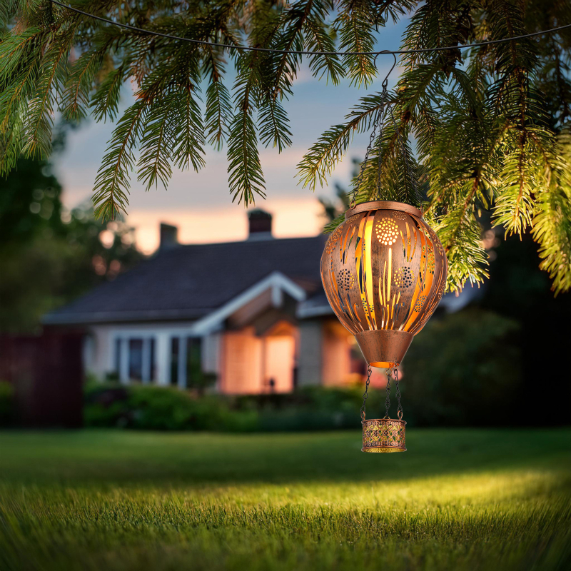 Solárne svietidlo teplovzdušný balón medený na zavesenie s efektom ohňa 12xLED/3V/1800K IP44