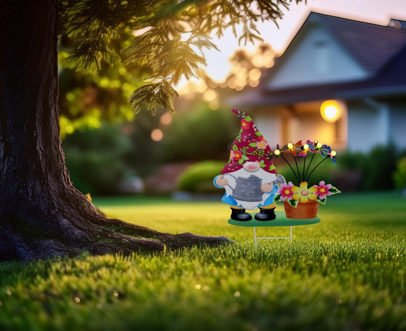 Solárne zapichávacie led svietidlo trpaslík s kvetmi a motýľmi 5xLED,0,06W,3V 3000K, výška: 47,5cm