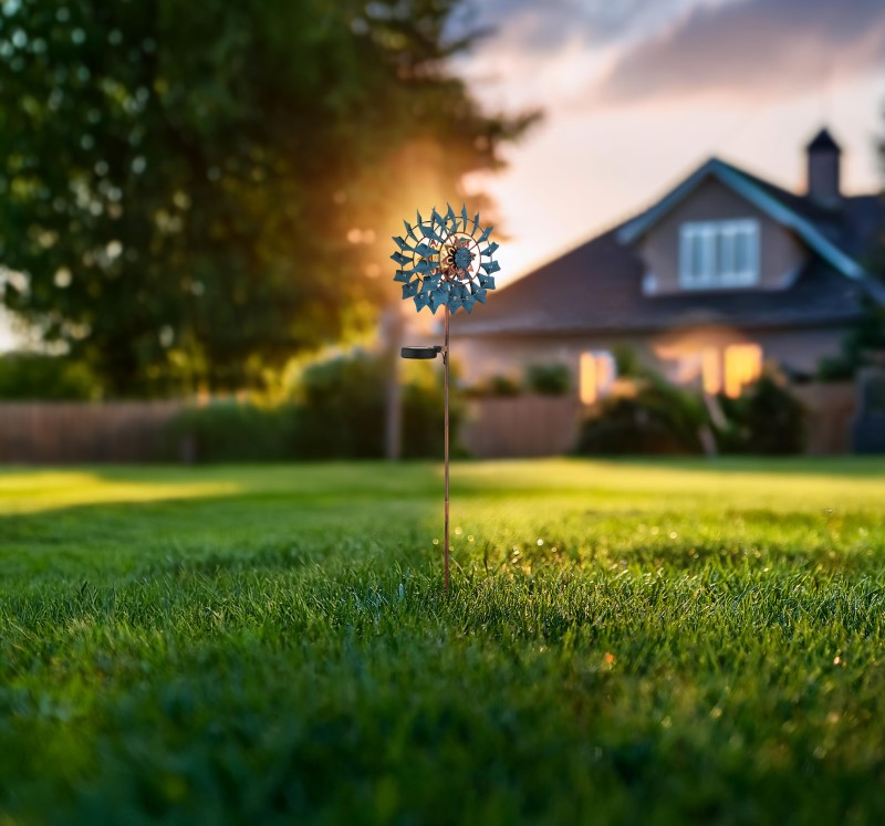 Solárne zapichávacie led svietidlo veterné koleso modrá+zlatá patina LED 3,2V/3000K IP44, výška: 92cm