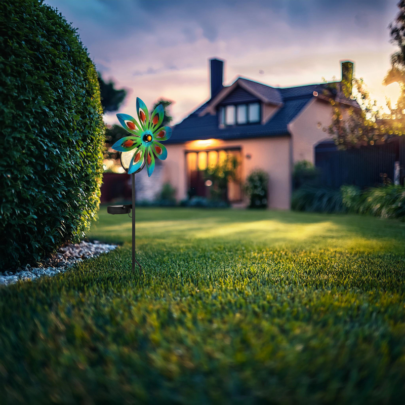 Solárne zapichávacie led svietidlo veterné koleso farebný KVET LED 0,024W 3V/3000K IP44, výška: 50cm