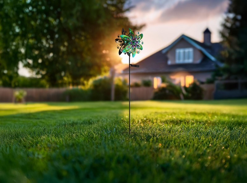 Solárne zapichávacie led svietidlo veterné koleso mat.čierna +viacfarebná LED 3V/3000K IP44, výška: 124cm