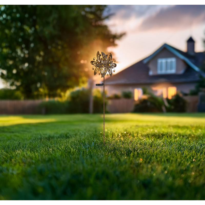 Solárne zapichávacie led svietidlo veterné koleso imitácia hrdze LED 3V/3000K IP44, výška: 124cm