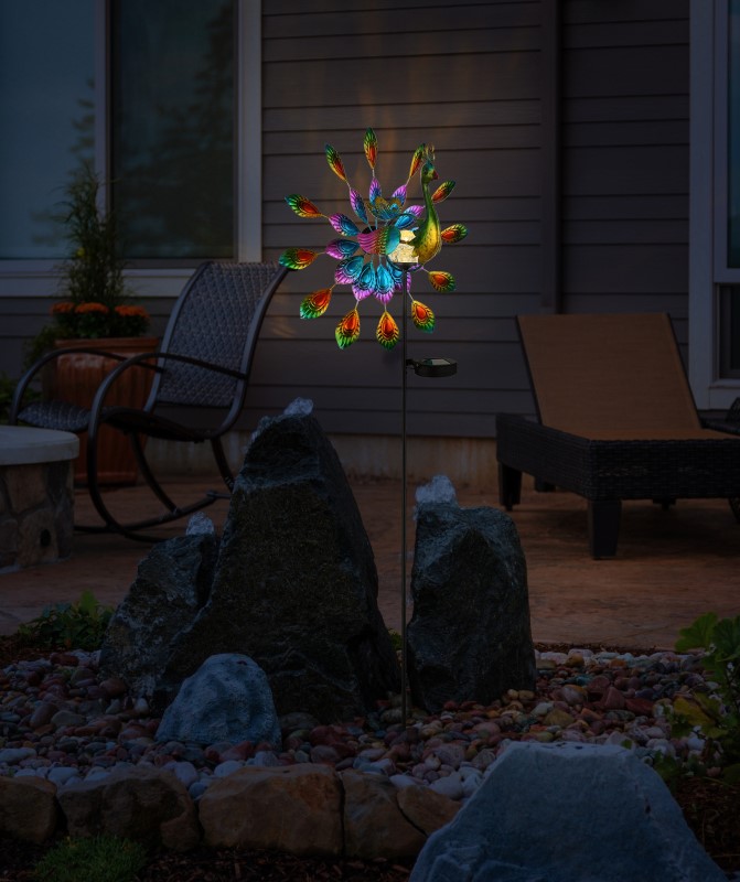 Solárne zapichávacie led svietidlo PÁV veterné koleso mat.čierna +viacfarebná LED 3V/3000K IP44, výška: 120cm