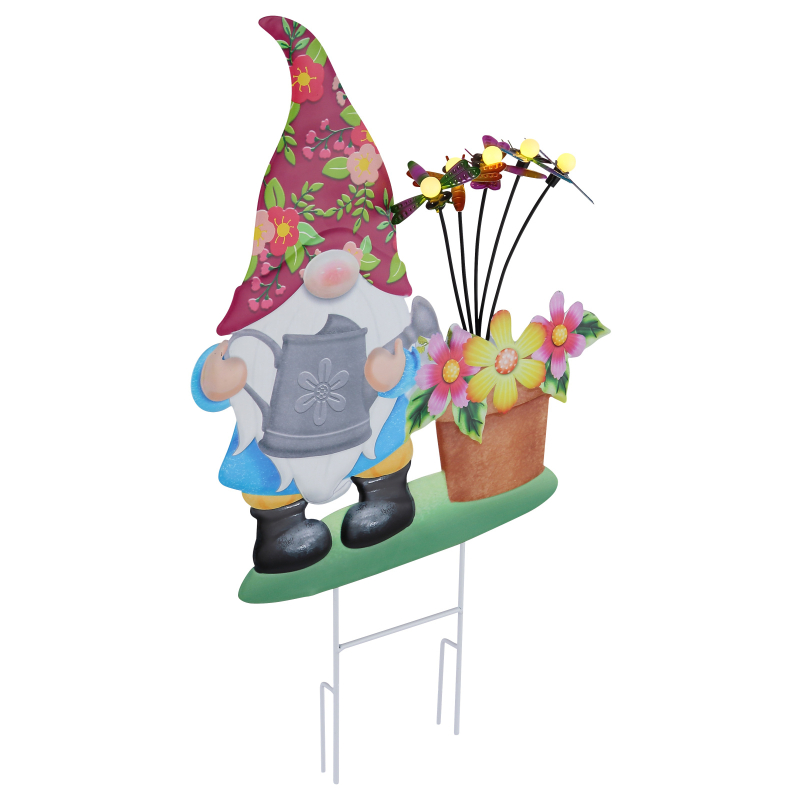 Solárne zapichávacie led svietidlo trpaslík s kvetmi a motýľmi 5xLED,0,06W,3V 3000K, výška: 47,5cm