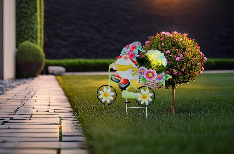 Solárne zapichávacie led svietidlo trpaslík na bicykli s kvetmi 20xLED,0,06W,3V 3000K, výška: 44cm