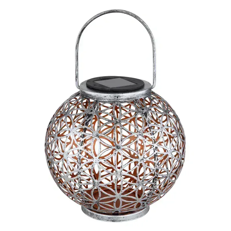 Solárny led lampáš kovový strieborný s ozdobným dierovaním kvet života 1xLED/3V/3000K, priemer: 20cm, IP44