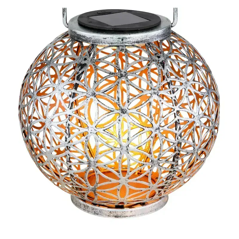 Solárny led lampáš kovový strieborný s ozdobným dierovaním kvet života 1xLED/3V/3000K, priemer: 20cm, IP44