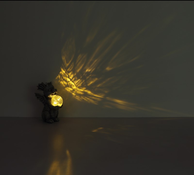 Solárne svietidlo sivý dráčik so sklenenou guľou 1xLED/teplá biela IP44, výška: 27,5cm