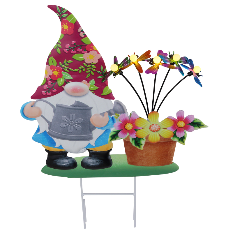 Solárne zapichávacie led svietidlo trpaslík s kvetmi a motýľmi 5xLED,0,06W,3V 3000K, výška: 47,5cm