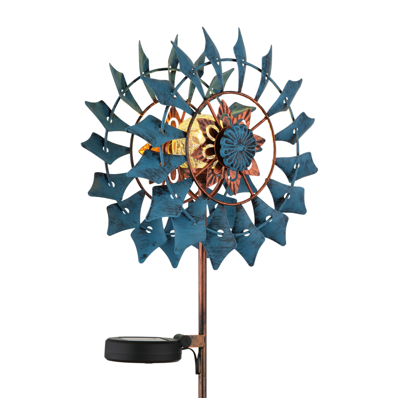 Solárne zapichávacie led svietidlo veterné koleso modrá+zlatá patina LED 3,2V/3000K IP44, výška: 92cm