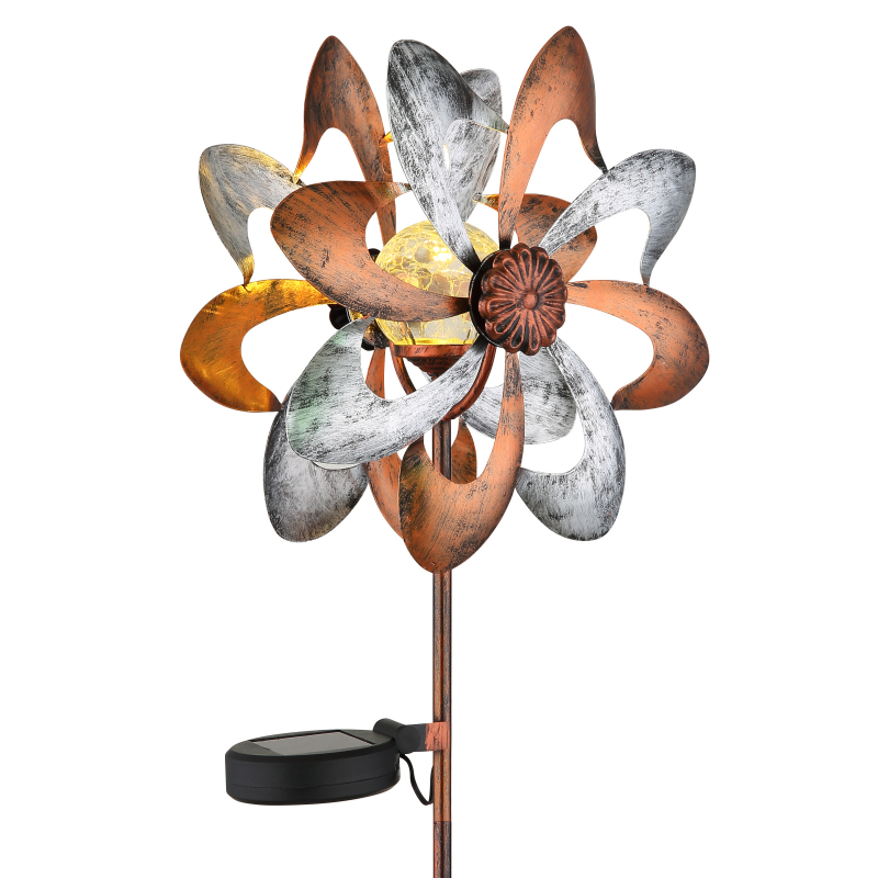 Solárne zapichávacie led svietidlo veterné koleso zlatá a strieborná patina LED 3,2V/3000K IP44, výška: 92cm