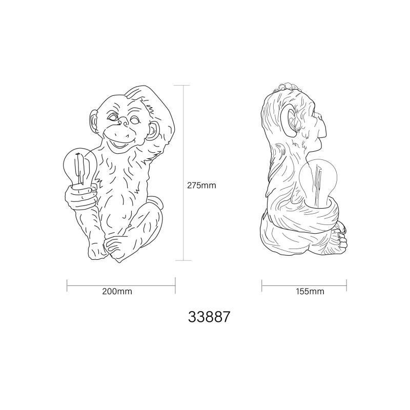 Solárne svietidlo sivá opica so žiarovkou teplá biela LED IP44, výška: 27,5cm