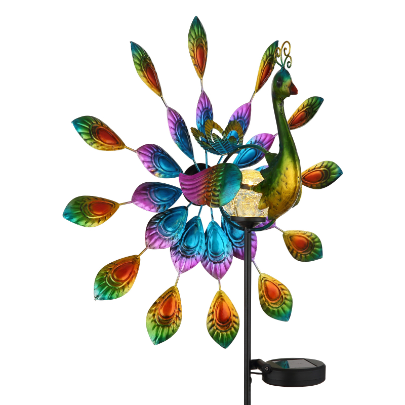 Solárne zapichávacie led svietidlo PÁV veterné koleso mat.čierna +viacfarebná LED 3V/3000K IP44, výška: 120cm