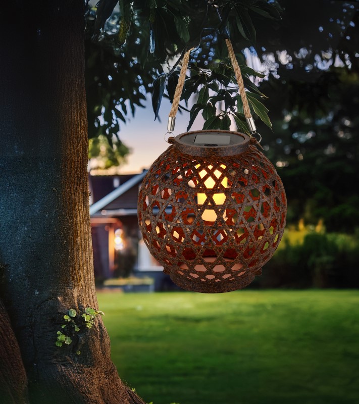 Solárny led lampáš plastový imitácia hrdze 12xLED 1800K efekt ohňa priemer 20cm IP44