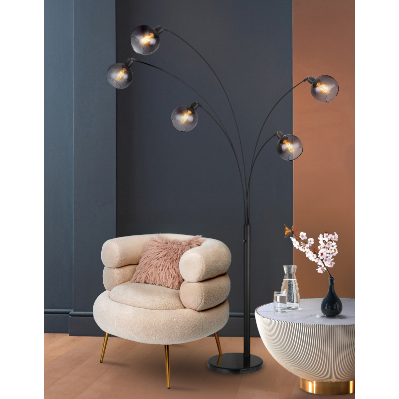 SEYMOUR stojanová lampa čierna/dymové sklo 5xE27/40W, výška: 208cm