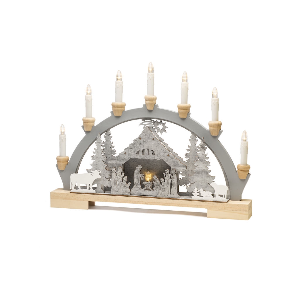 Drevený svietnik BETLEHEM šedo-biely 10LED teplá biela s časovačom
