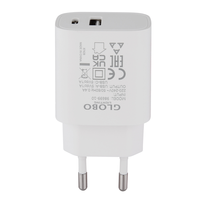 USB sieťový adaptér biely 5V DC/10W/2A s výstupom USB A a USB-C, IP20