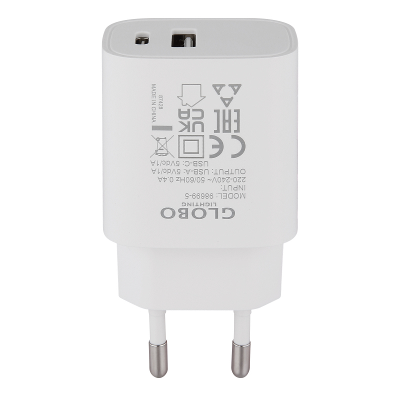 USB sieťový adaptér biely 5V DC/5W/1A s výstupom USB A a USB-C, IP20