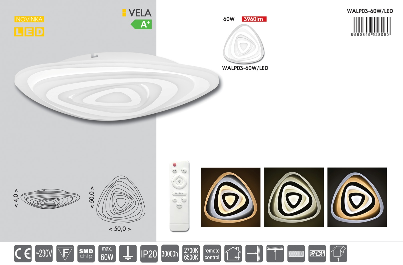 VELA dizajnové stropné/nástenné svietidlo s diaľkovým ovládačom LED/60W, 50x50cm