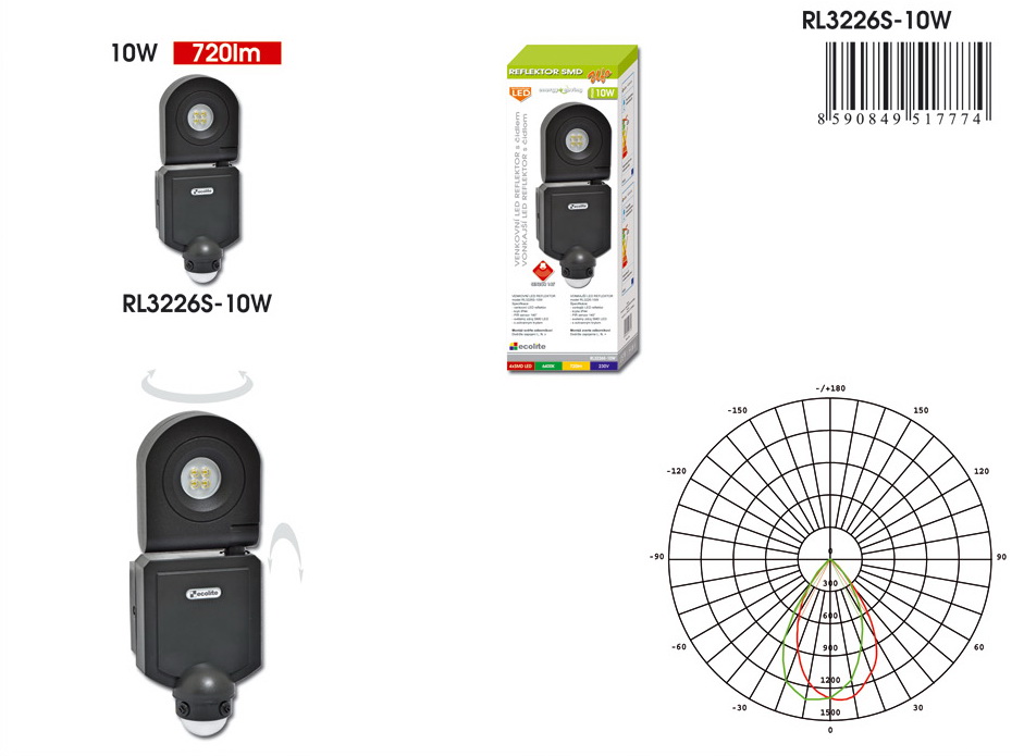 Čierny reflektor UFO 4xSMD LED 10W s PIR senzorom