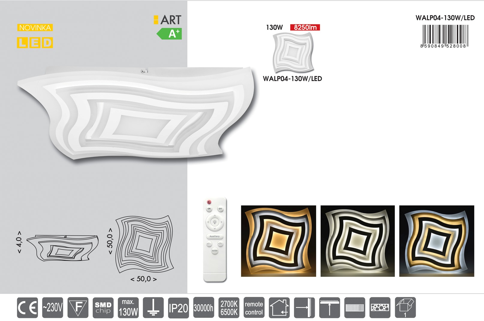 Arte dizajnové stropné/nástenné svietidlo s diaľkovým ovládačom LED/102W, 50x50cm