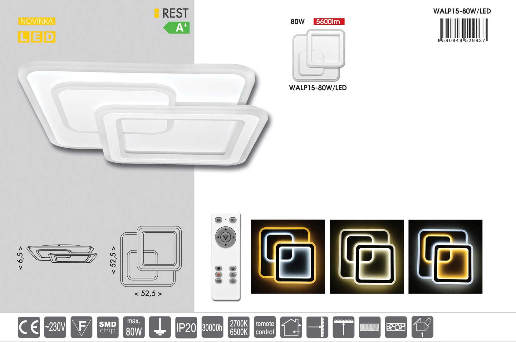 REST dizajnové stropné/nástenné svietidlo s diaľkovým ovládačom LED/80W, 52,5x52,5cm