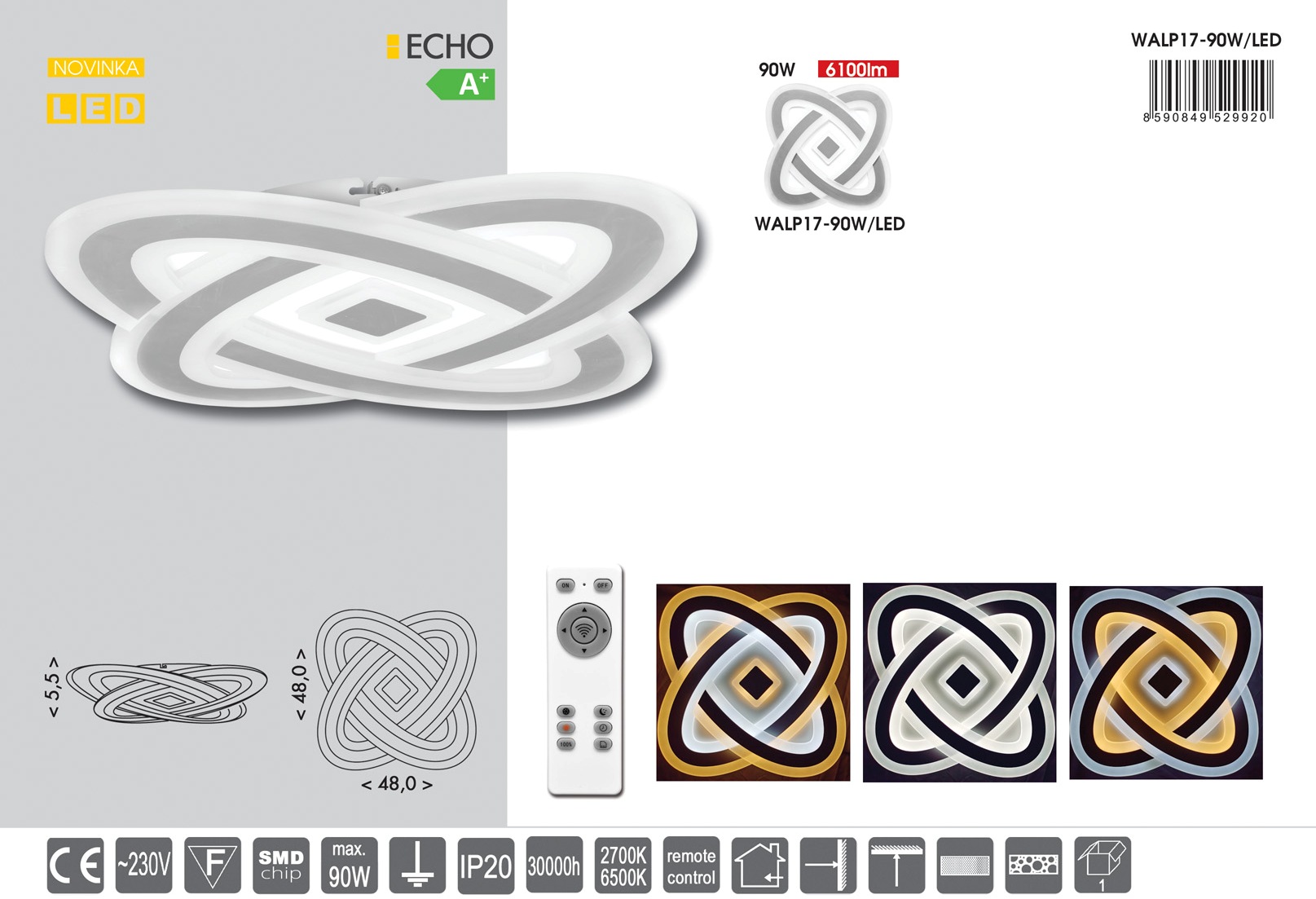 ECHO dizajnové stropné/nástenné svietidlo s diaľkovým ovládačom LED/90W, 48x48cm