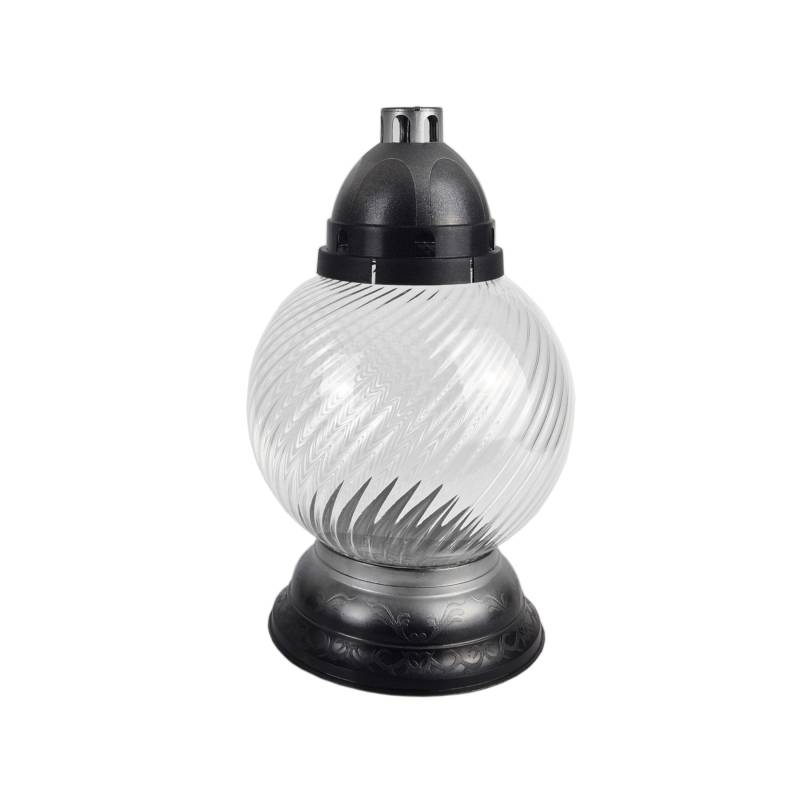 Sklenený náhrobný kahanec bez náplne číry točený/strieborný s ornamentom výška: 31,5cm