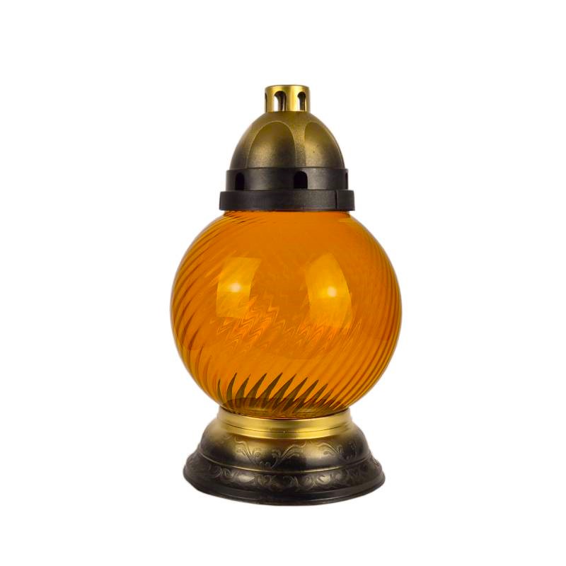 Sklenený náhrobný kahanec bez náplne oranžový točený/zlatý s ornamentom výška: 31,5cm