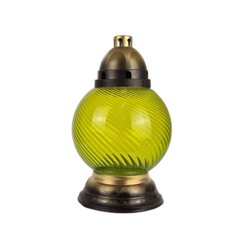 Sklenený náhrobný kahanec bez náplne pistáciový točený/zlatý s ornamentom výška: 31,5cm