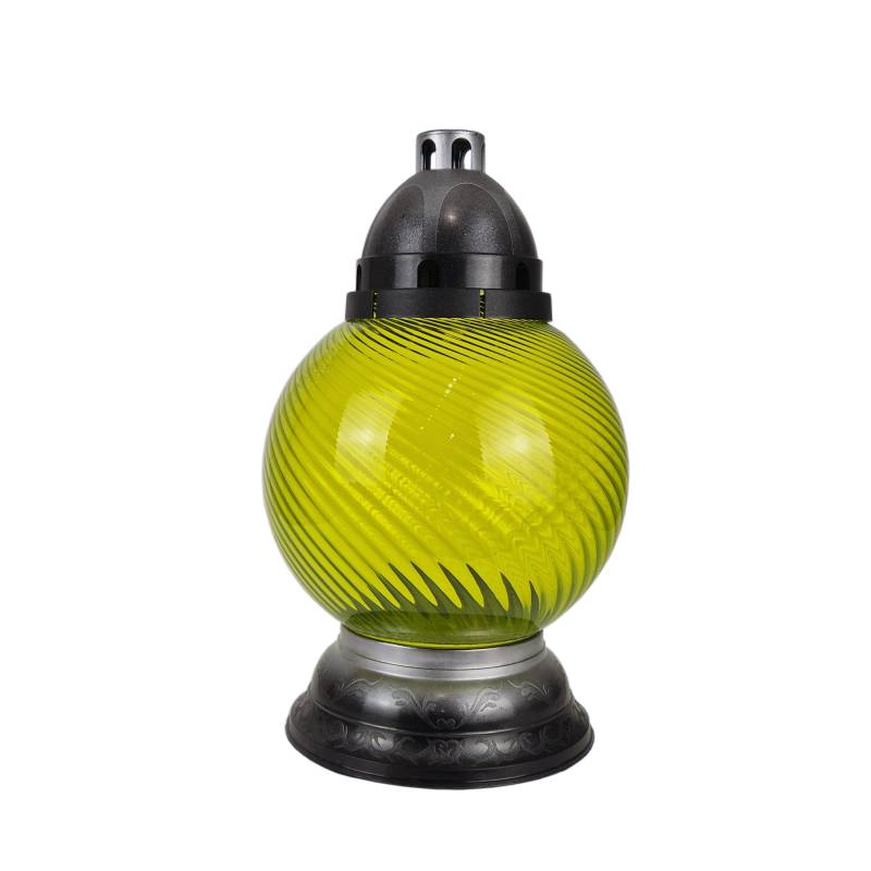 Sklenený náhrobný kahanec bez náplne pistáciový točený/strieborný s ornamentom výška: 31,5cm