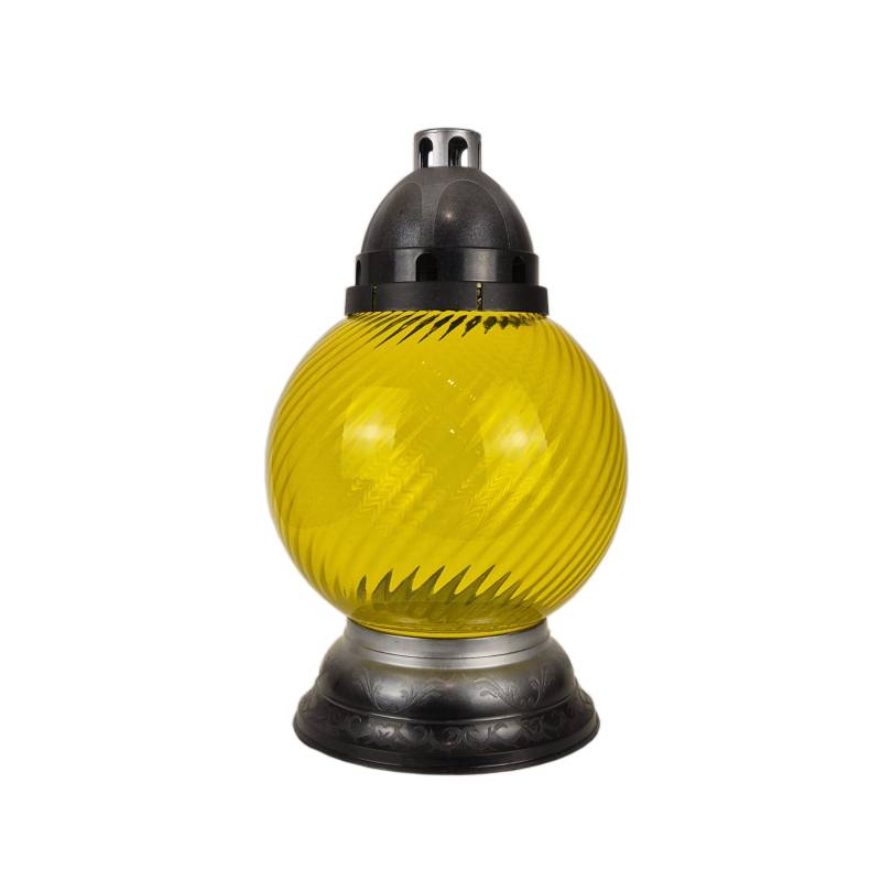 Sklenený náhrobný kahanec bez náplne žltý točený/strieborný s ornamentom výška: 31,5cm